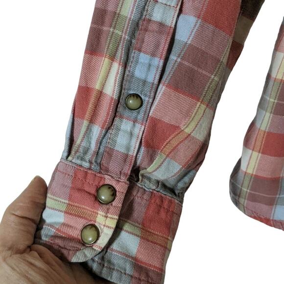 JACHS Girlfriend Plaid Flannel BEA Western Shirt Snap Front Blue Pink Small - Picture 7 of 12